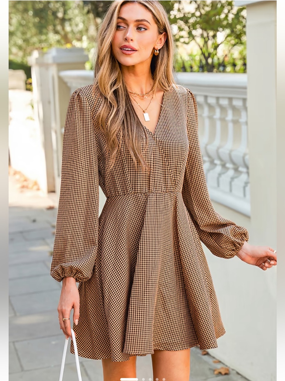 Cupshe Tan Brown Plaid V‑Neck Long‑Sleeve Fit & Flare Dress